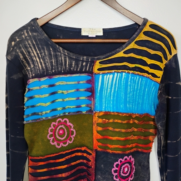 Collection Royal Boho Patchwork Top Womens Medium Long Sleeve Hippie Festival - Picture 3 of 9
